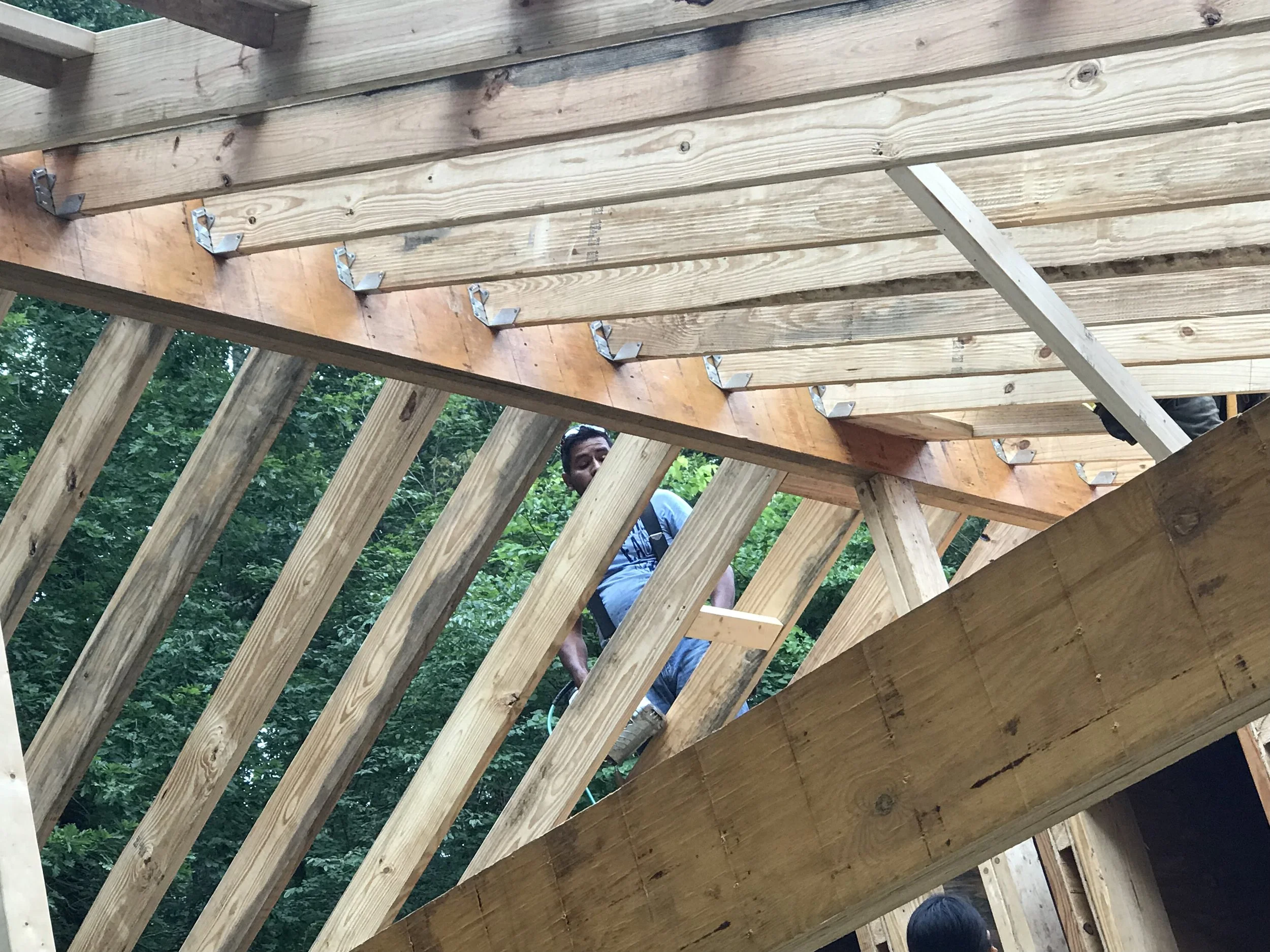 A person working on a framed roof under construction, with trees in the background.