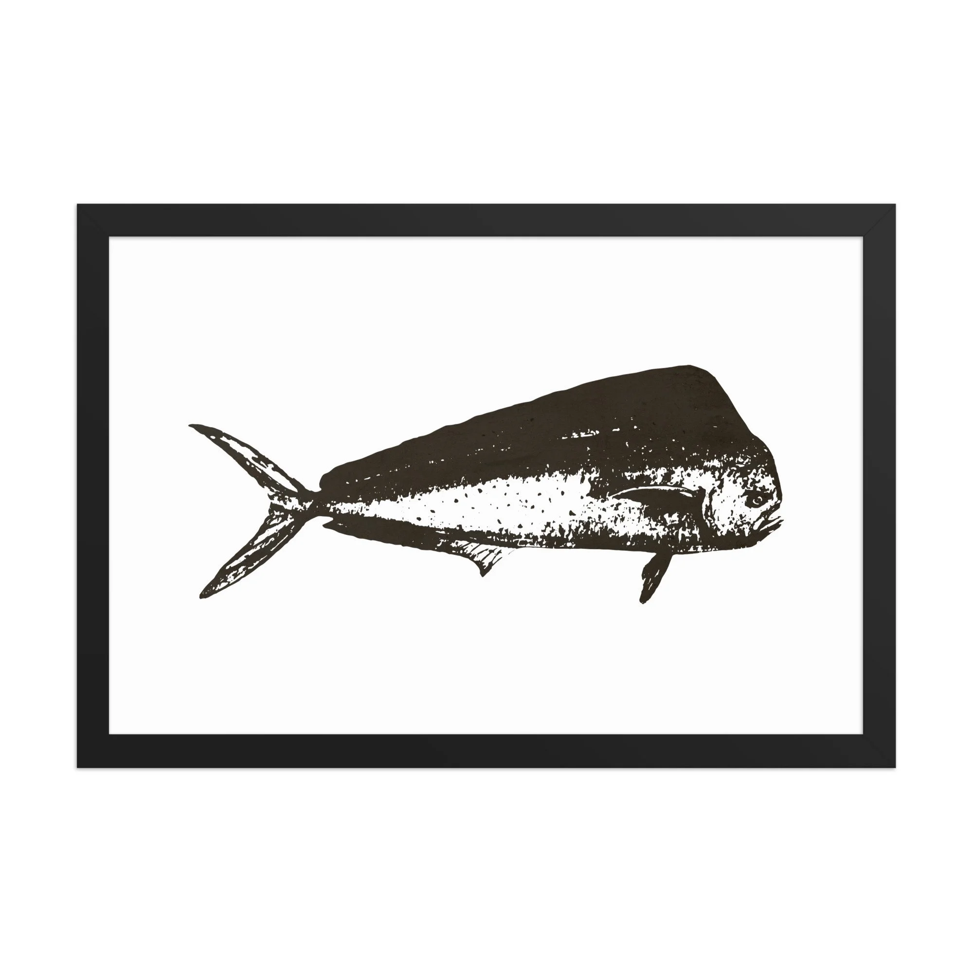Framed vintage-style mahi-mahi fish print featuring a minimalist navy blue antique stamp illustration on a neutral textured background.