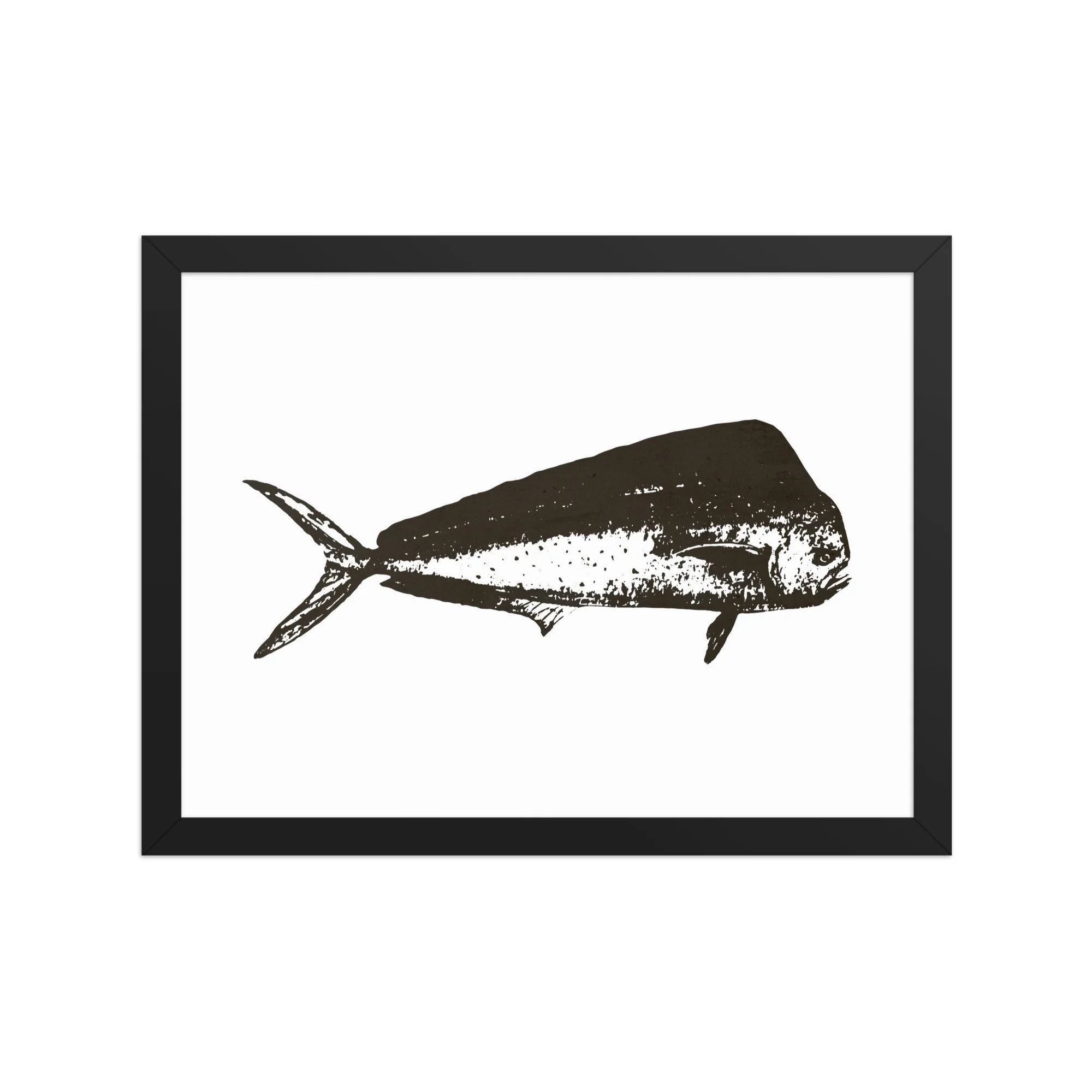 Framed vintage-style mahi-mahi fish print featuring a minimalist navy blue antique stamp illustration on a neutral textured background.