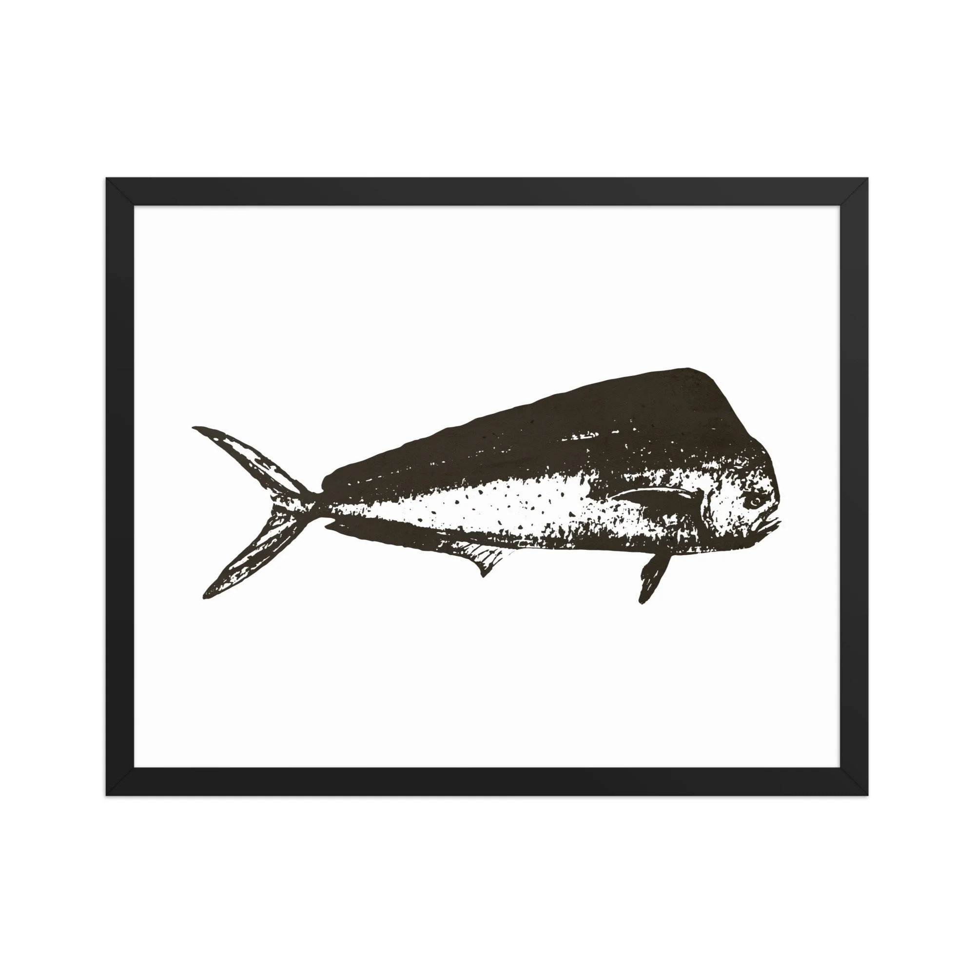 Framed vintage-style mahi-mahi fish print featuring a minimalist navy blue antique stamp illustration on a neutral textured background.