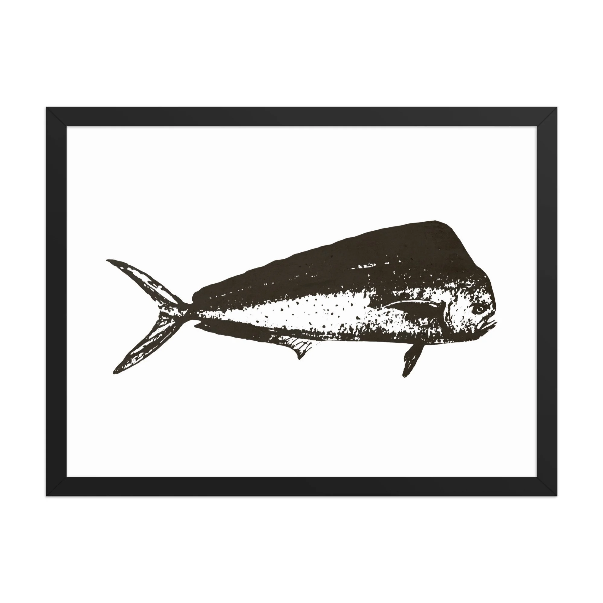 Framed vintage-style mahi-mahi fish print featuring a minimalist navy blue antique stamp illustration on a neutral textured background.