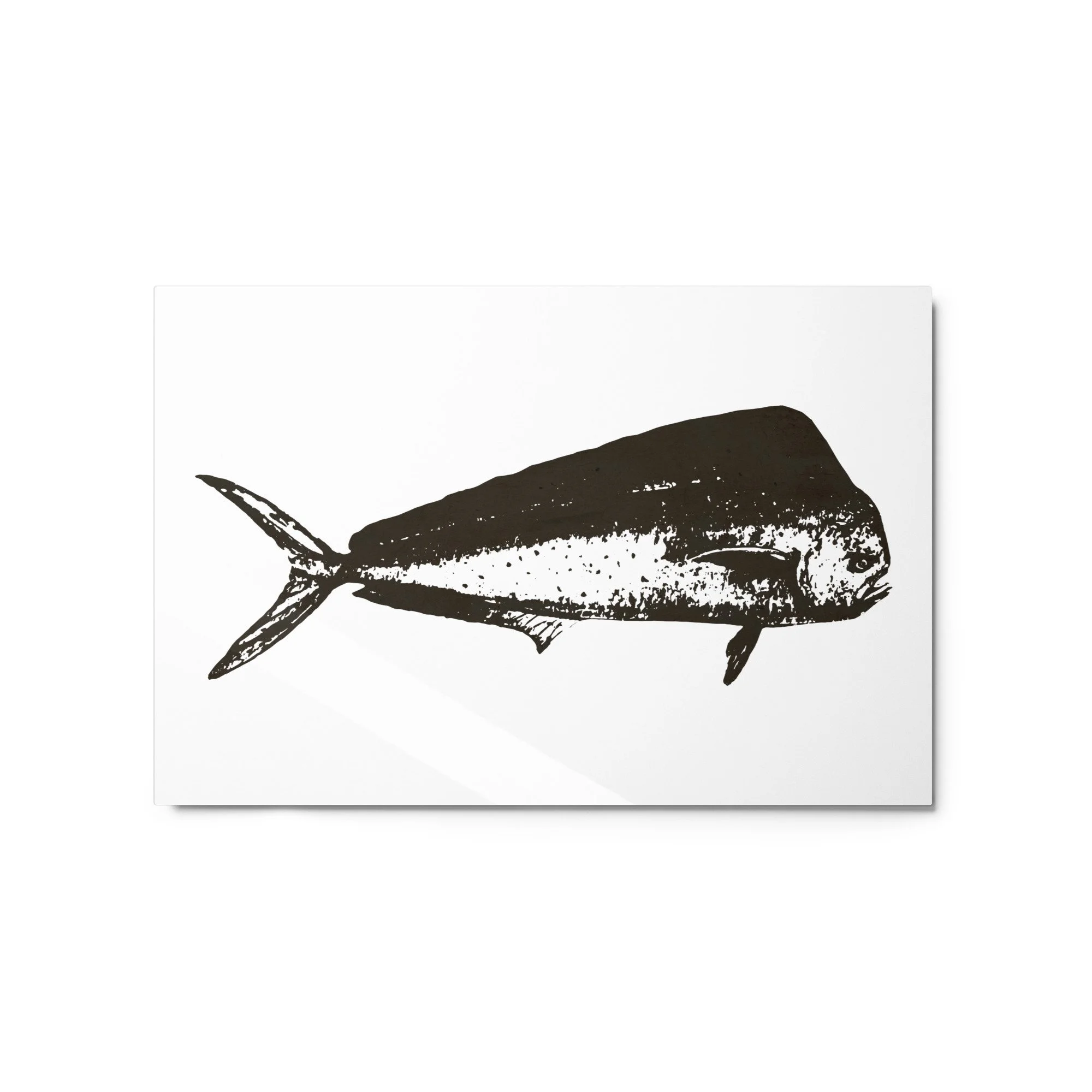vintage-style mahi-mahi fish print featuring a minimalist navy blue antique stamp illustration on a neutral textured background.