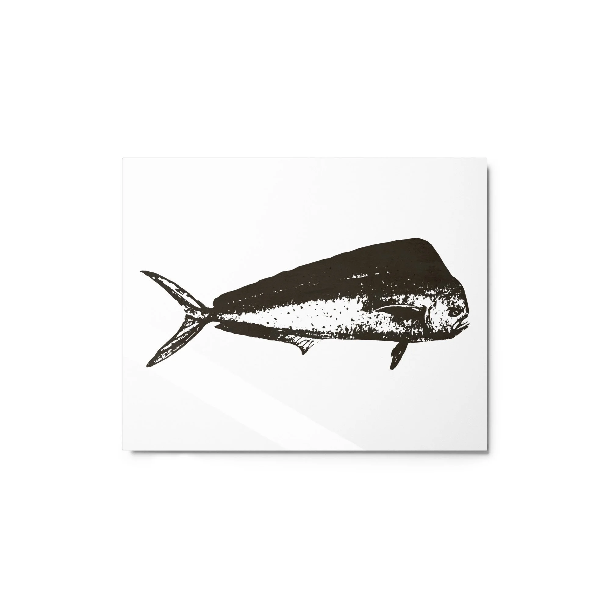 vintage-style mahi-mahi fish print featuring a minimalist navy blue antique stamp illustration on a neutral textured background.