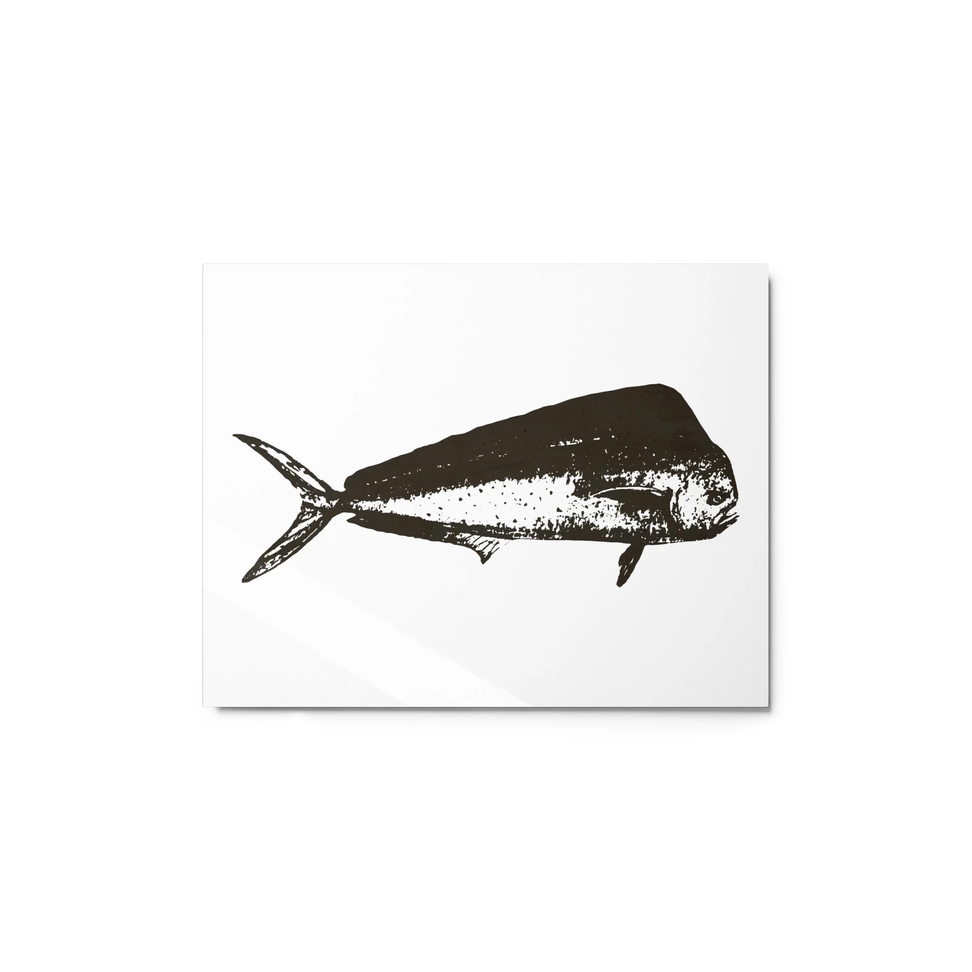 vintage-style mahi-mahi fish print featuring a minimalist navy blue antique stamp illustration on a neutral textured background.
