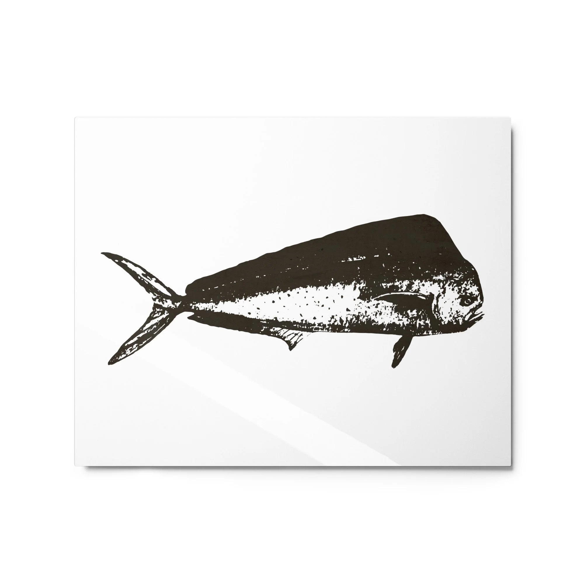 vintage-style mahi-mahi fish print featuring a minimalist navy blue antique stamp illustration on a neutral textured background.