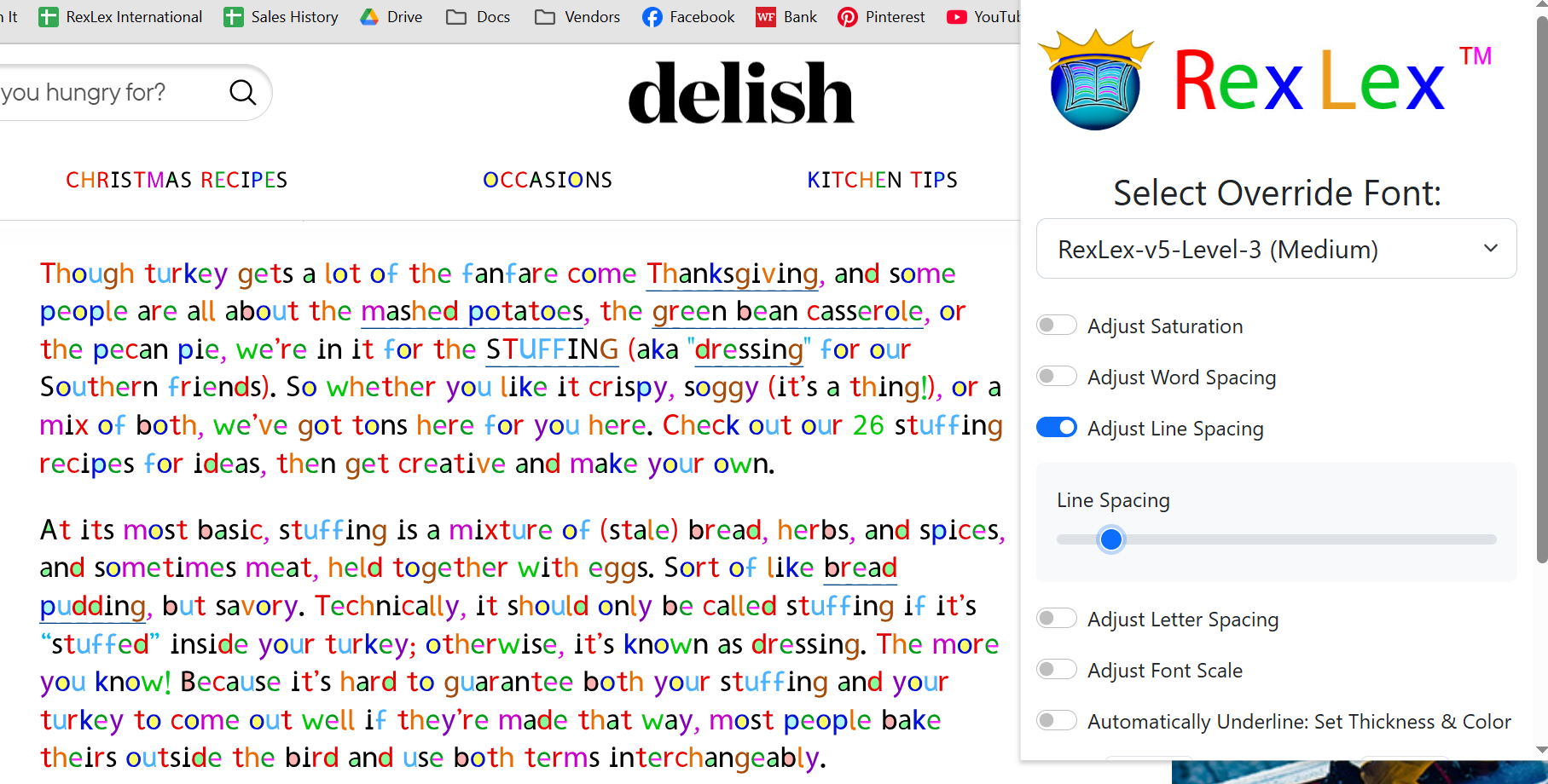 Colorful webpage with the title 'delish' at the top, an advertisement for RexLex fonts on the right, and a holiday-themed article about Thanksgiving stuffing recipes in multicolored text.