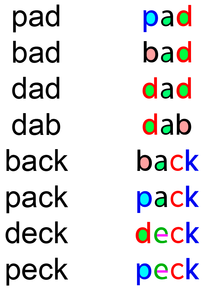 List of words with corresponding color-coded phonetic segments, including 'pad,' 'bad,' 'dad,' 'dab,' 'back,' 'pack,' 'deck,' and 'peck.'