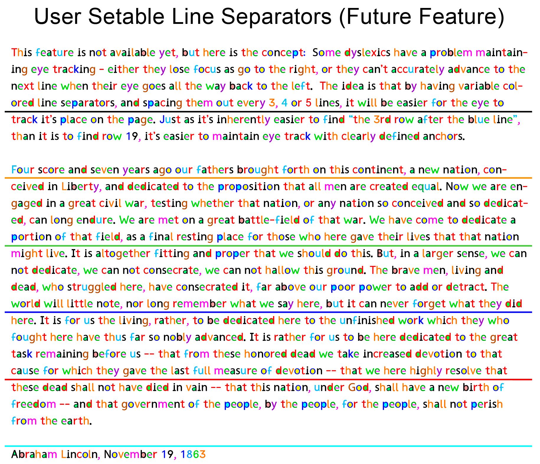 Text about user settable line separators and a historical quote. The text explains the concept of line separators and references Abraham Lincoln's speech from November 19, 1863.
