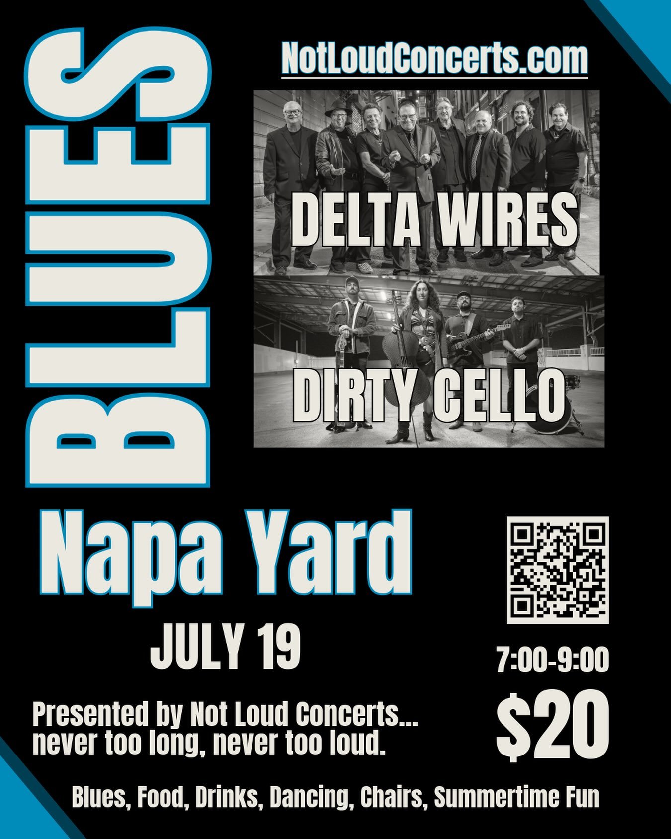 Not Loud Concerts presents&hellip;
Summer Sessions at Napa Yard
BLUES NIGHT!
Featuring Delta Wires and Dirty Cello
-outdoor summer night concert
- 2 blues bands dueling it out on stage 
- 7 - 9 pm
- BBQ, beer and craft cocktails available for sale
No