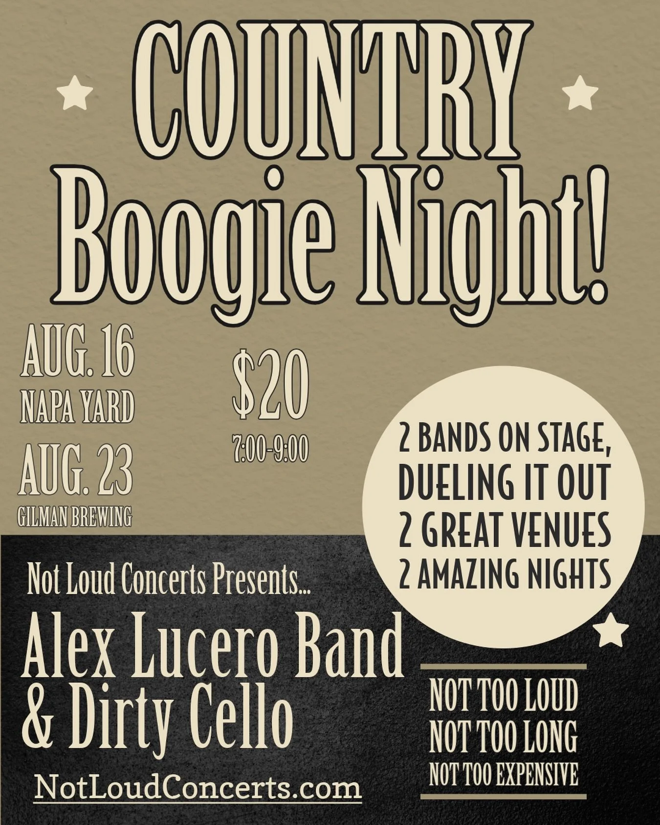 Next up with Not Loud Concerts&hellip;Country Boogie Night!
Aug 16 - Napa Yard
Aug 23 - Gilman Brewing in Berkeley 
Featuring: Alex Lucero band - boot-stompin&rsquo; Americana band and Dirty Cello - high energy band known for their crazy takes on cla