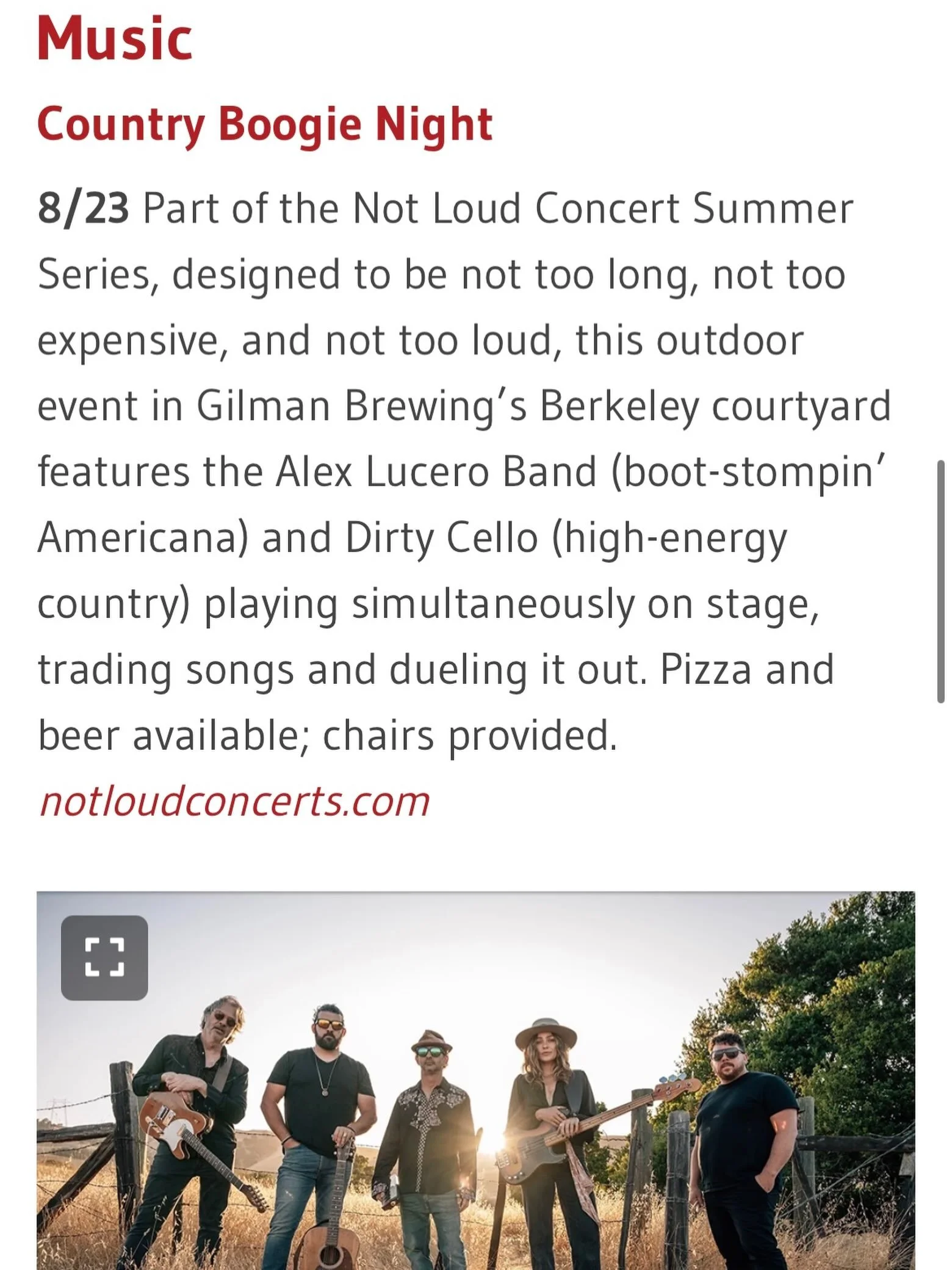Thanks for the shoutout @diablomagazine!
@notloudconcerts in Berkeley for Country Boogie Night with @thealexluceroband and @dirtycello 

NotLoudConcerts.com for tickets 

#aug23 #somethingfuntodo #gilmanbrewing #berkeley