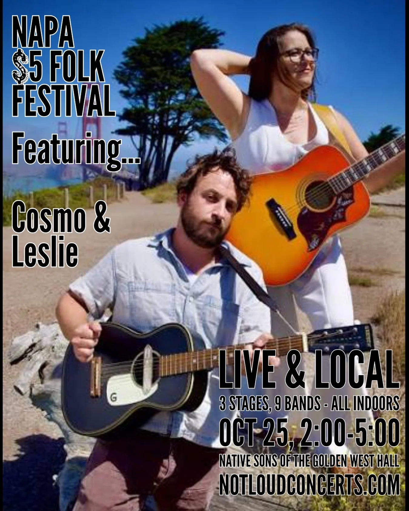 Tomorrow!
Napa $5 Folk Festival
Oct 25 from 2 - 5 pm
3 stages
9 bands
Held indoors at the Native Sons of the Golden West in downtown Napa
Tickets: $5 at NotLoudConcerts.com

#notloudconcerts #napa$5folkfestival #napa #livemusic