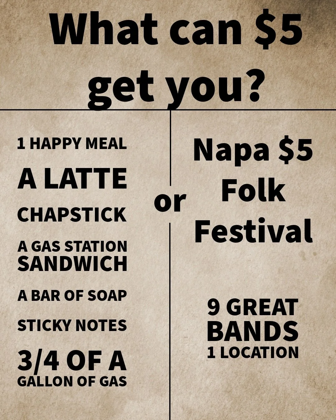Napa $5 Folk Festival
Tomorrow!
Tickets: $5
NotLoudConcerts.com or at the door

Native Sons of the Golden West
937 Coombs St in downtown Napa
(at the intersection of Coombs St and 1st Street)