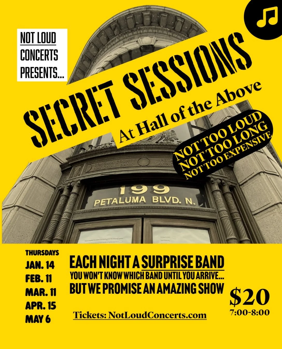 A surprise band at every show.
Hall of the Above 
Petaluma 
Tickets: $20 at NotLoudConcerts.com

#notloudconcerts #secretsessions #petaluma #halloftheabove
