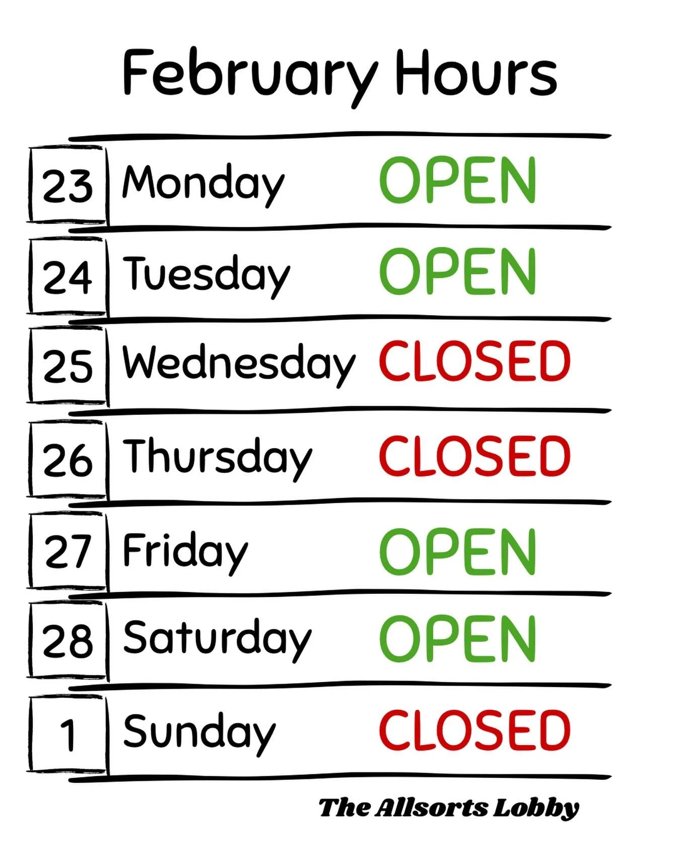 Next Week&rsquo;s Hours 🌤️

On Open days we will open our doors for volunteers at 5:00 and for dinner guests at 5:30.

Hope to see you there!