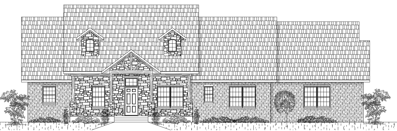 Black and white line drawing of a large house with brick and stone exterior, multiple windows, gabled roof, and front porch with steps and landscaping.
