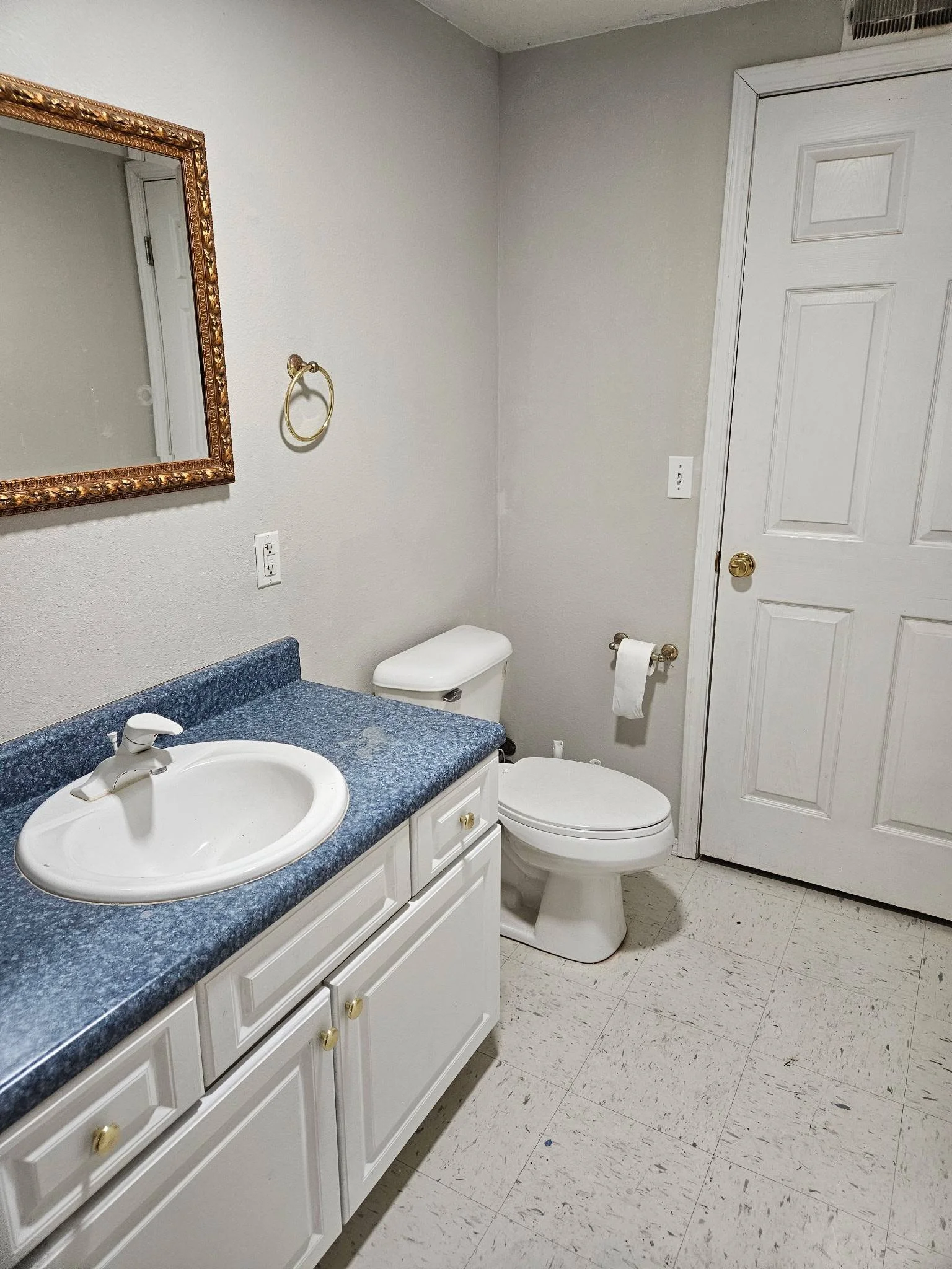 A bathroom with a white vanity and blue countertop, a round mirror with a gold frame, a gold towel ring, a white toilet, a wall-mounted toilet paper holder, and a white door.
