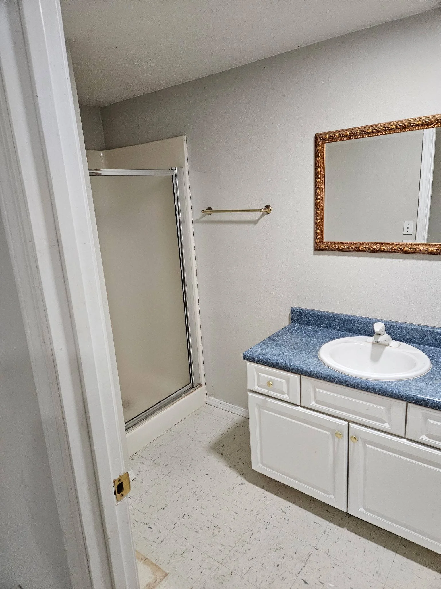 Bathroom with a shower stall, a sink with a blue countertop, a mirror with a gold frame, and a towel rod on the wall.