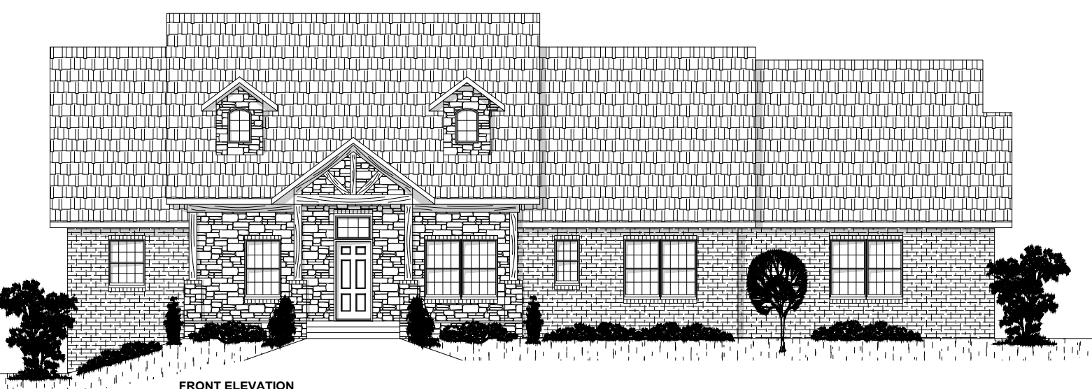 Line drawing of a large house with stone and brick exterior, multiple gabled roofs, and several windows, with landscaped bushes and trees in front.
