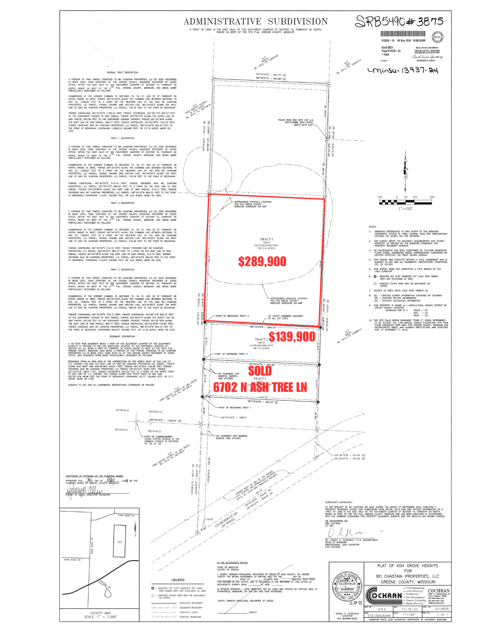Survey map displaying land parcels with prices listed as $289,900 and $139,900, and a sold area on N Ash Tree Ln. The map includes boundary lines, measurements, and annotations for land development.