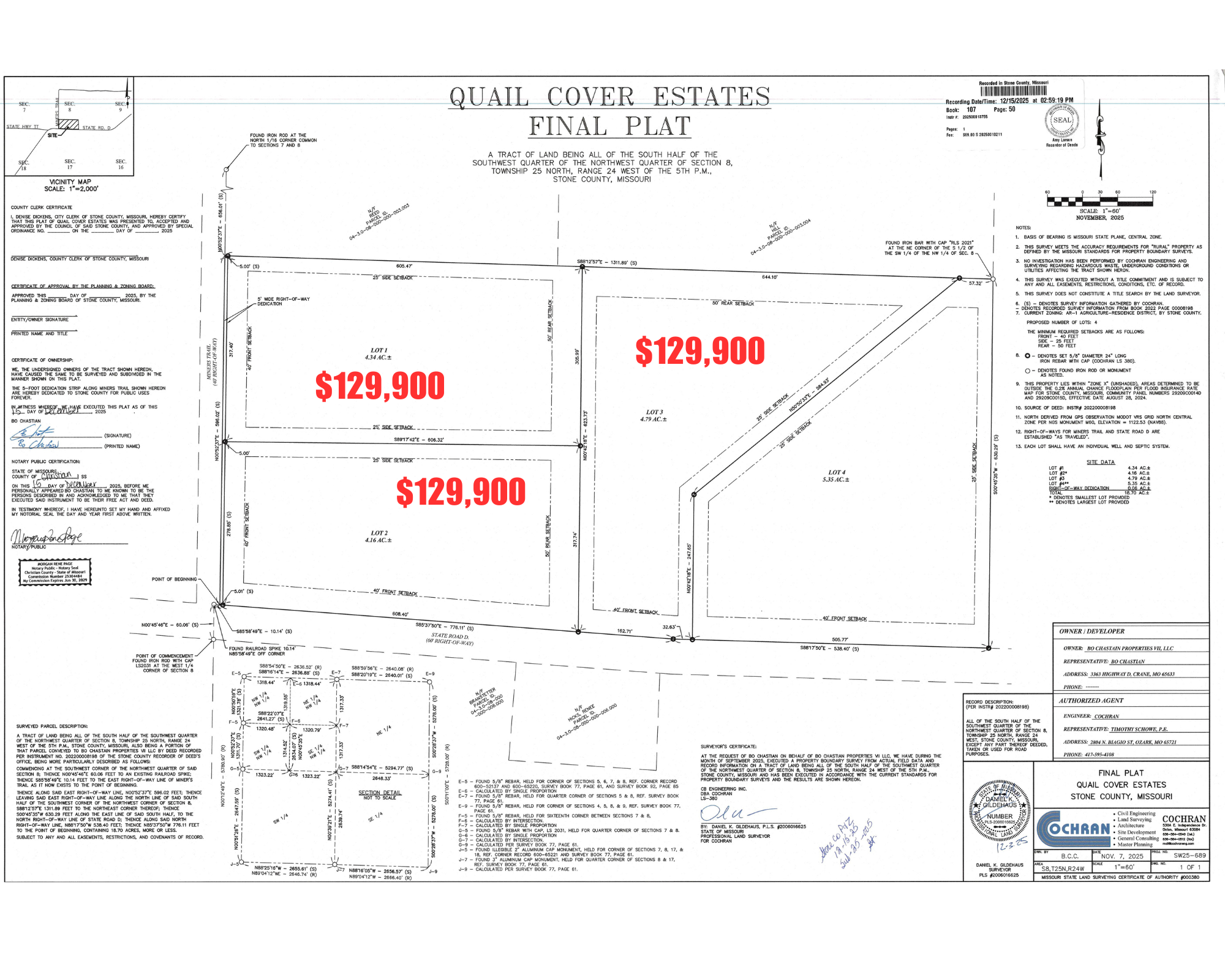 Land survey and property map for Quail Cover Estates in Stone County, Missouri, showing lot boundaries, measurements, and notes.