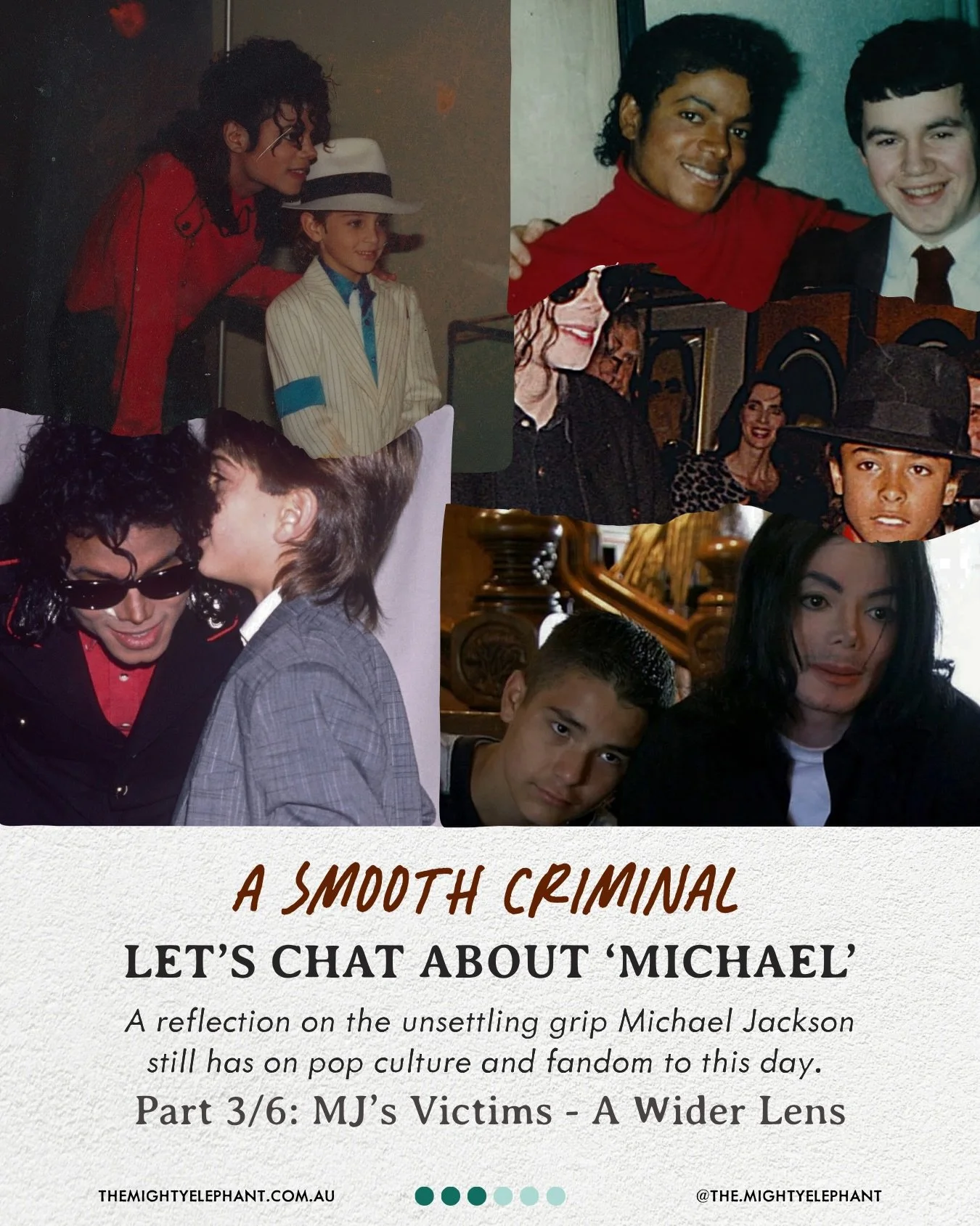 Part 3/6 explores the historic allegations of Michael Jackson&rsquo;s abuse, which dates back to 1987.

I encourage you sit with each image and reflect on just how vulnerable these boys must have been.

Written by Dean Webster
