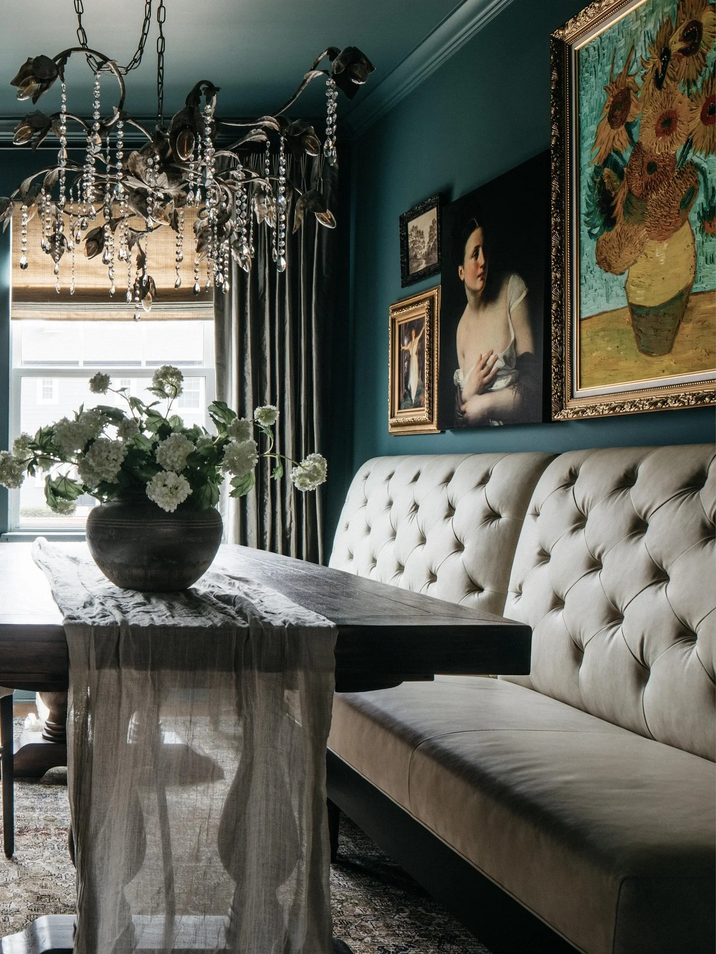 If your dining space is limited, adding a banquette to one side of the table (allowing the table to be pushed a bit closer to the wall, creating additional space on the other side of the table for chairs/foot traffic) can be a helpful space-saving so