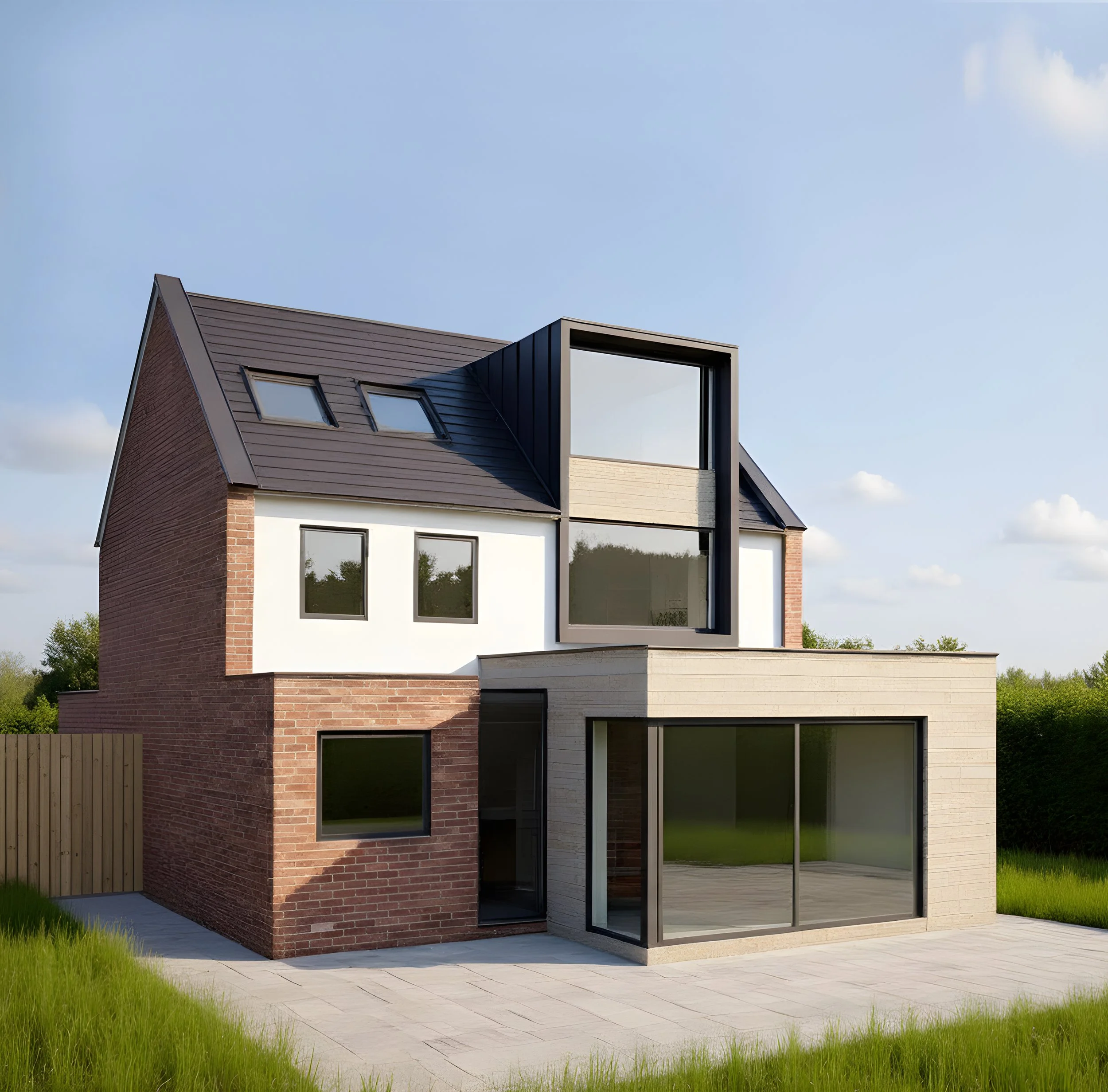 Modern multi-story house with brick, white, and gray exterior, large windows, and a unique black-framed glass addition on the upper level, set in a grassy yard under a blue sky.