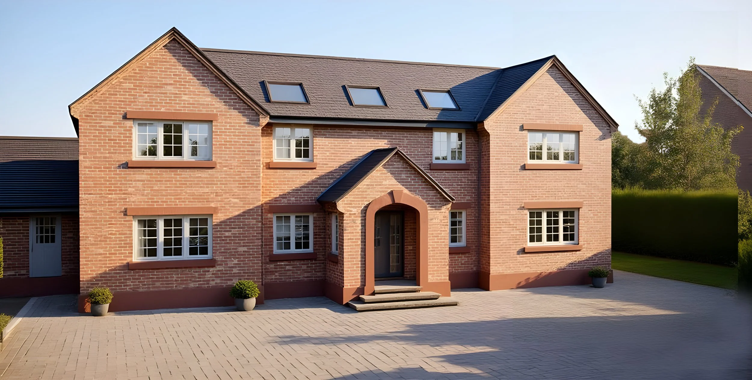 Front view of a two-story brick house with four windows on each floor, a small covered entryway with steps, and a paved driveway. There are potted plants on either side of the house and a tree in the background.