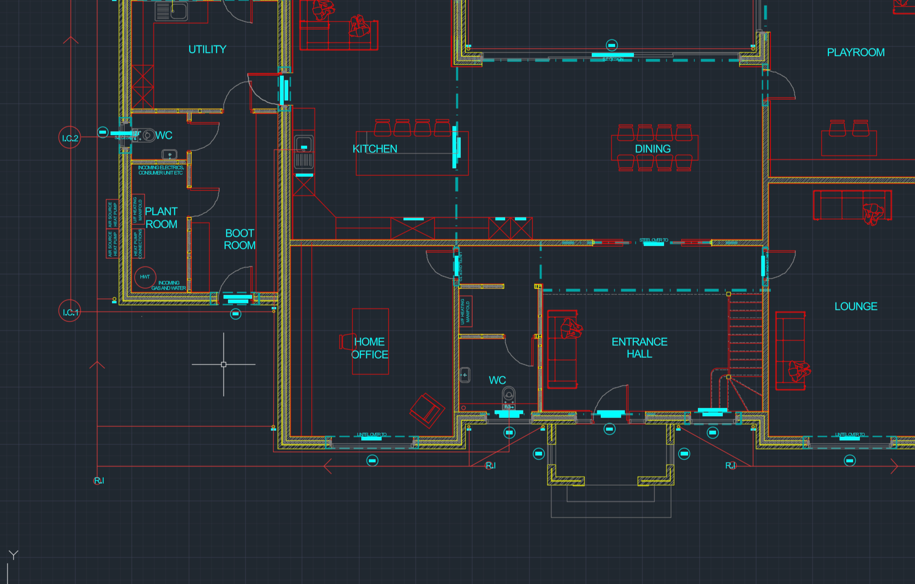 Architectural floor plan of a house showing rooms such as utility, WC, plant room, boot room, home office, kitchen, dining, lounge, entrance hall, and playroom, with detailed layout and door placements.