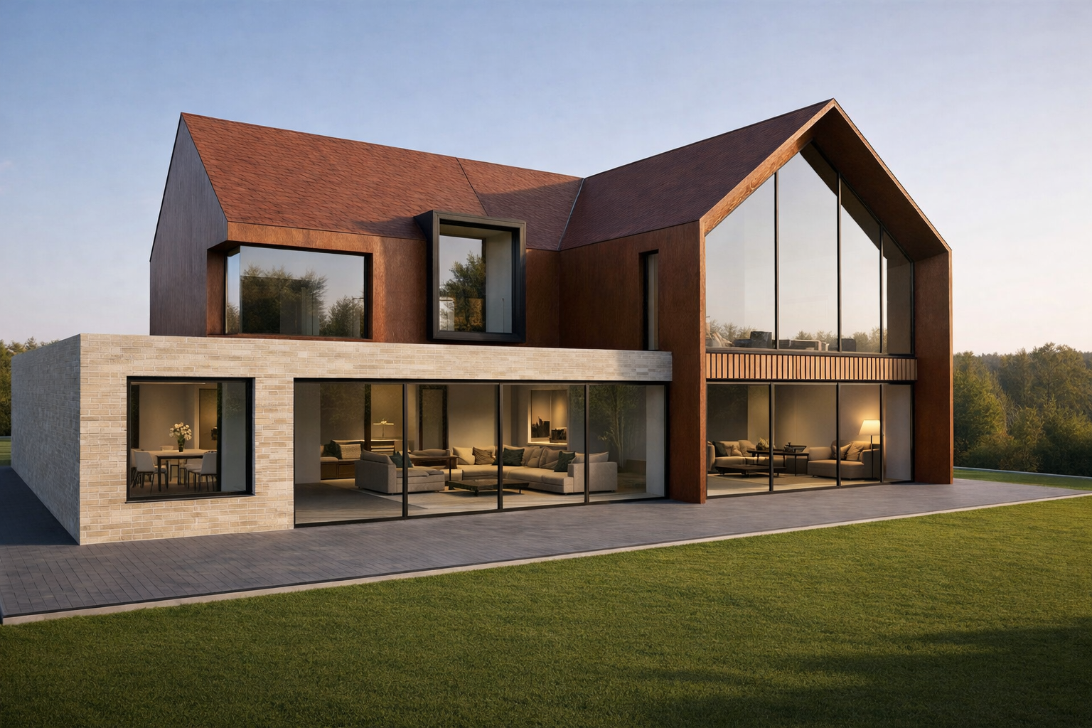 Modern two-story brick house with large windows and balcony, surrounded by a paved patio and green lawn.