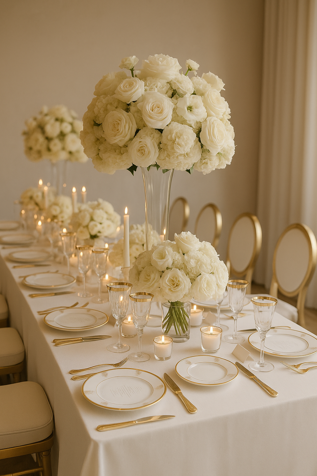 Elegant dining table decorated with white roses and hydrangeas in tall and short glass vases, gold-rimmed plates, gold flatware, wine glasses, and tea light candles, set for a special occasion in a bright room.