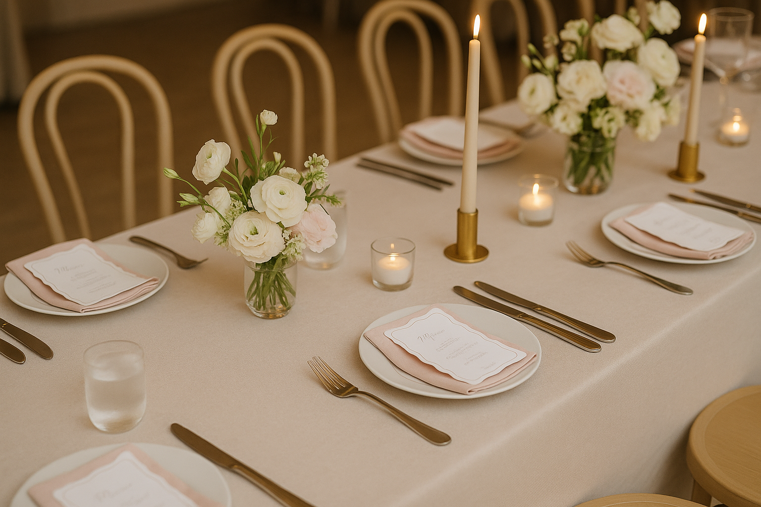 Elegant dining table decorated with white and pink floral arrangements, candles, and place settings for a formal event.