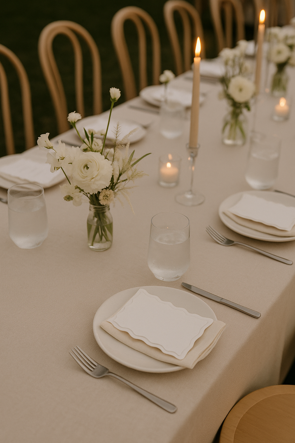 Elegant dining table set with white plates, silverware, beige napkins with scalloped edges, clear glasses of water, small floral arrangements with white flowers, tall taper candles in glass holders, and votive candles, all on a beige tablecloth.