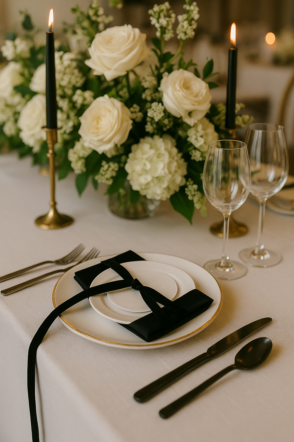 Elegant table setting with black cutlery, white plates with gold trim, and black napkins tied with a black ribbon. Crystal wine glasses are placed beside a floral centerpiece of white roses and hydrangeas, with tall black candles in gold holders.