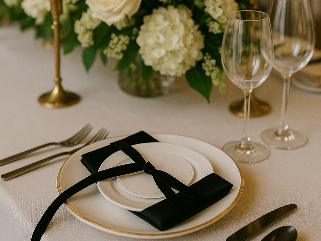 Elegant dinner table setting with white plates, black napkin, wine glasses, and floral centerpiece.