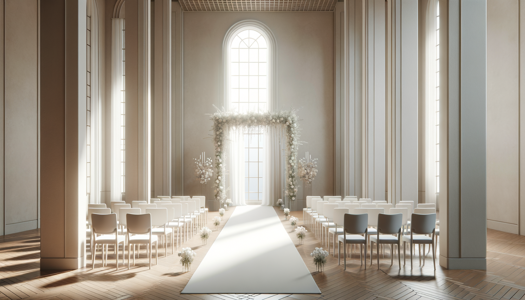 Elegant wedding ceremony setup inside a bright, spacious hall with tall arched windows, white chairs arranged in rows on each side of a white aisle, and a floral arch at the front.
