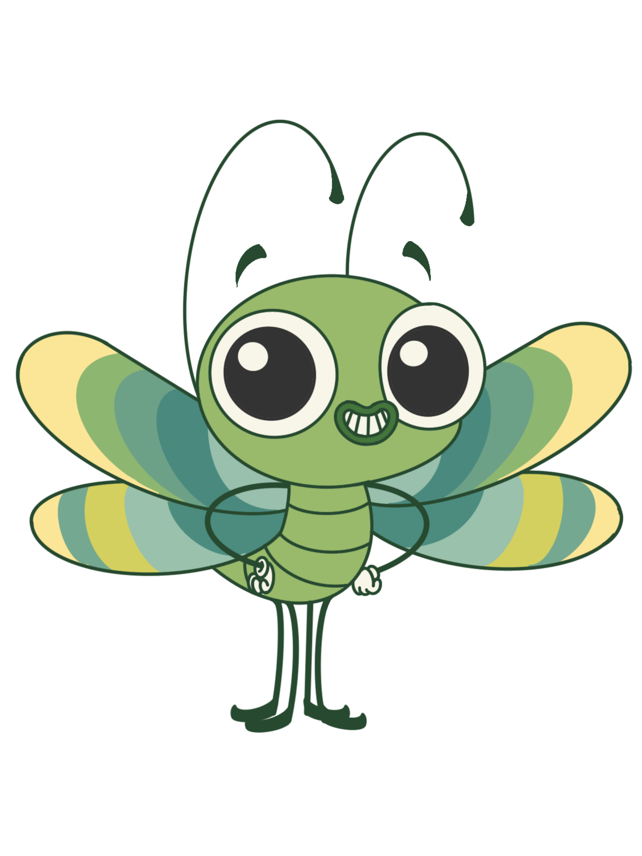 Cartoon green butterfly with large eyes, smiling face, and colorful wings.