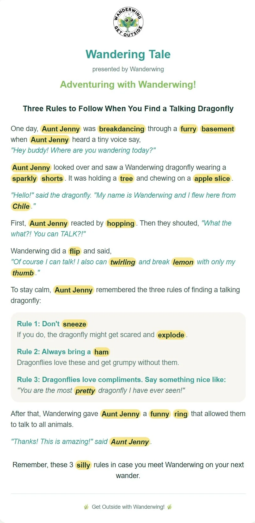 A colorful educational poster titled "Wandering Tale: Adventuring with Wanderwing" with a cartoon bird logo. The poster provides three rules for talking to a mythical dragonfly, featuring highlighted words and humorous story elements.