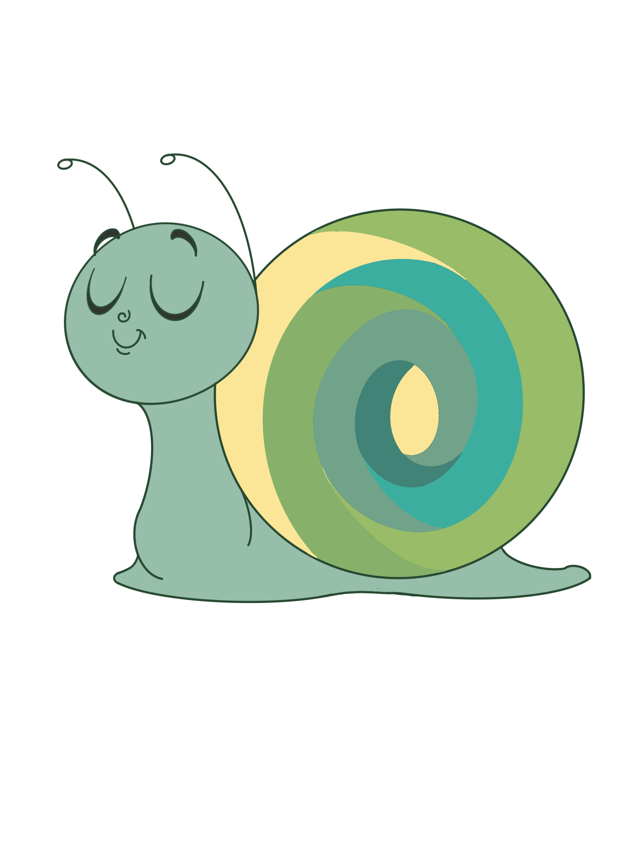 A cartoon snail with a green body and a spiraled shell of various green, yellow, and blue shades, smiling with closed eyes against a black background.