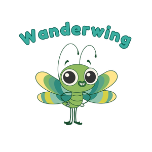 A cartoon insect with large eyes and wings, standing in front of the word 'Wanderwing' in playful font.