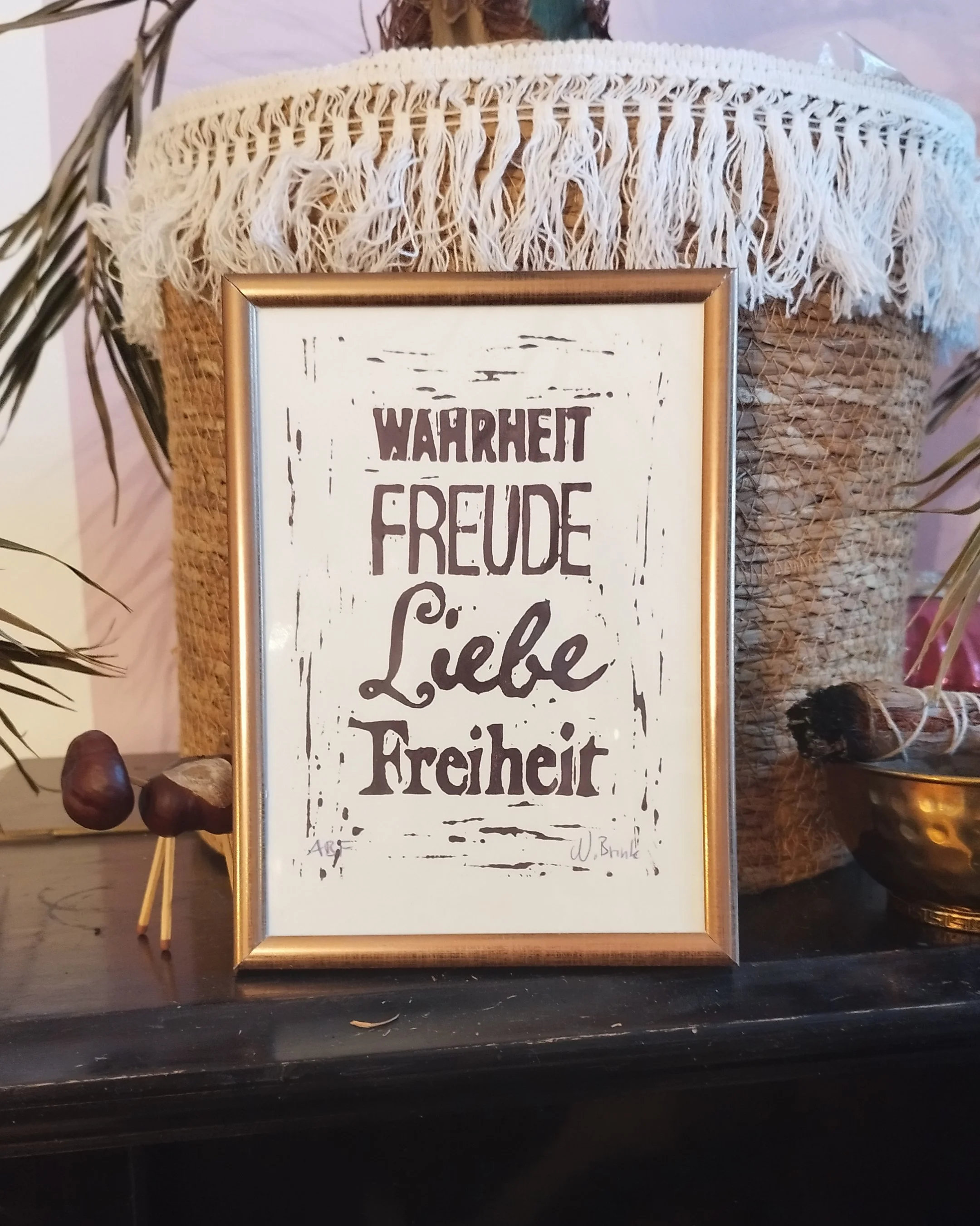 WAHRHEIT, FREUDE, LIEBE, FREIHEIT Linolschnitt handgemacht