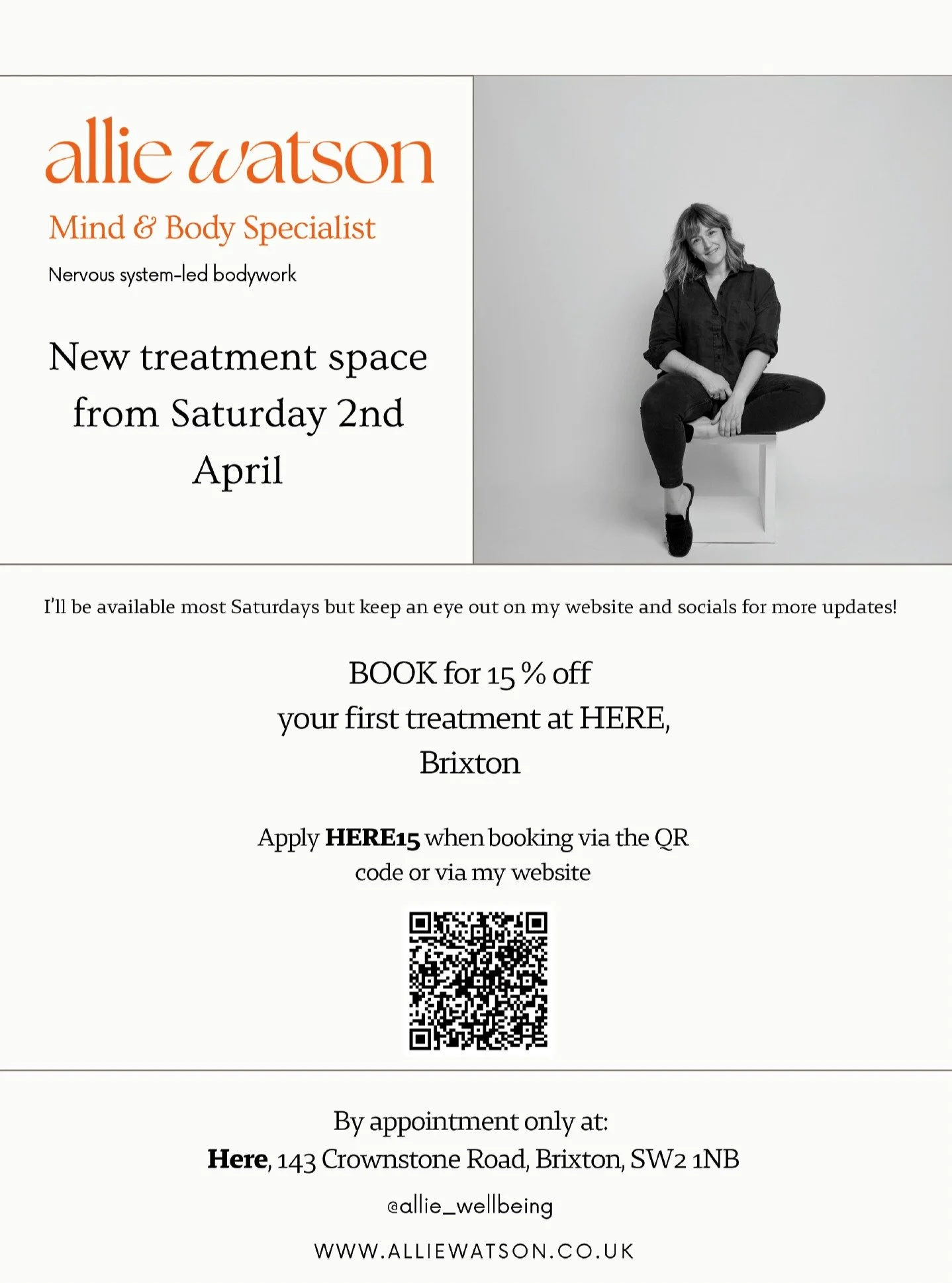 New Treatment space!!! @here.wellbeing.rooms from Saturday 4th April. 

I am offering 15% off your first massage treatment with code HERE15. Link in bio or at www.alliewatson.co.uk

These treatments are a blend of slow nervous system led massage and 