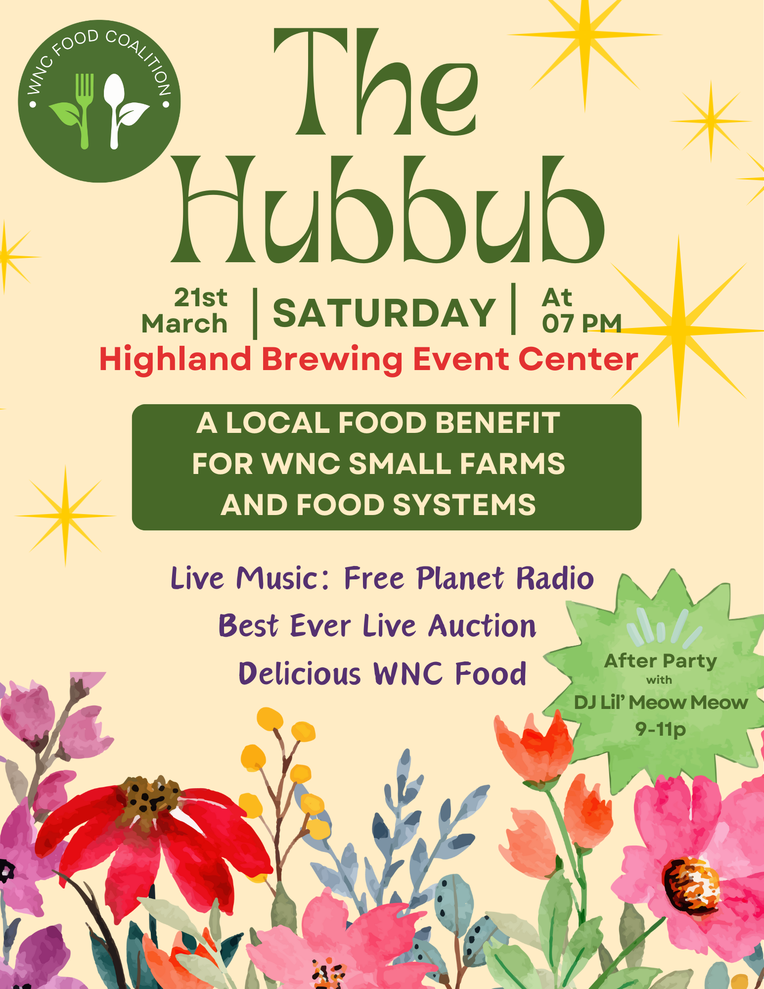 The Hubbub March 21st event poster featuring spring flowers