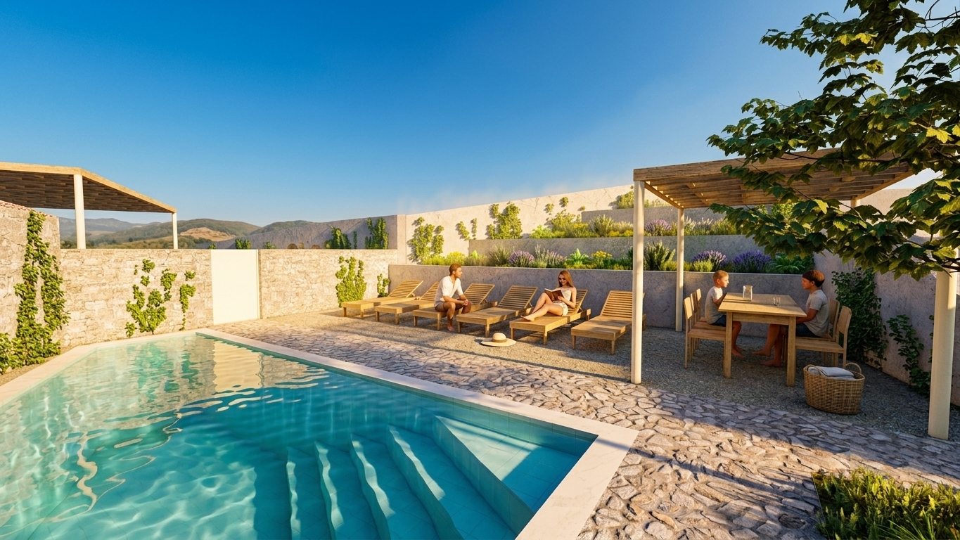 Kuća M - Vrbanj, otok Hvar - 3D vizualizacija prostora kod bazena