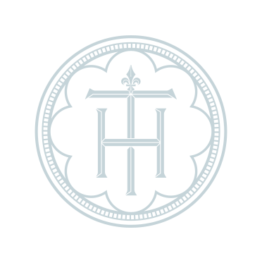 A black circular logo with a white fleur-de-lis at the top, a decorative border, and the letter 'H' in the center.