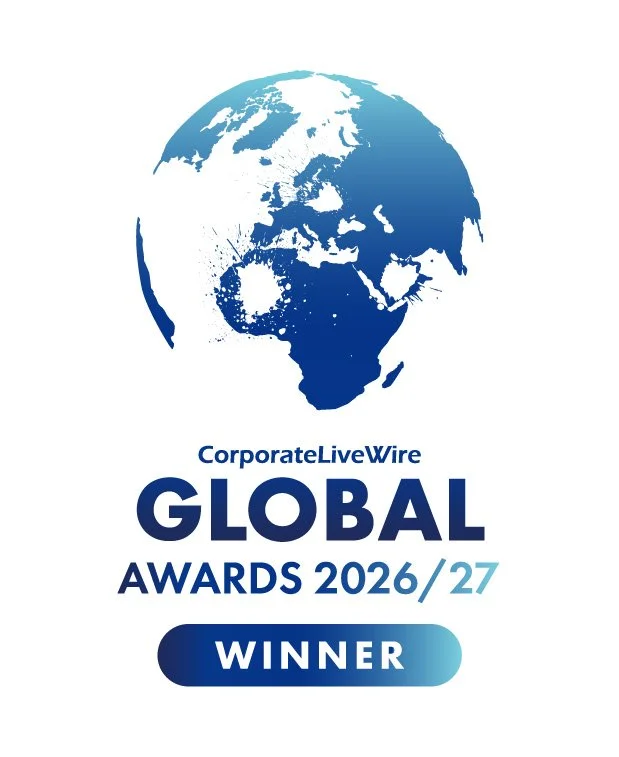 A stylized blue and white globe with the Americas, Africa, and parts of Europe and Asia visible, above text that reads 'CorporateLiveWire Global Awards 2026/27 Winner'.