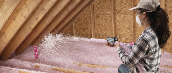 A person wearing a mask, glasses, a baseball cap, and a plaid shirt, using a spray foam gun to insulate the wall in an attic.