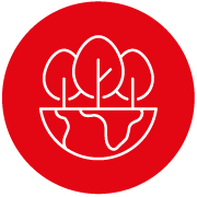Line drawing of three trees planted in a bowl with the Earth at the bottom, on a red circular background.