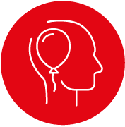 Outline of a person's head with a headphone and microphone, on a red circular background.